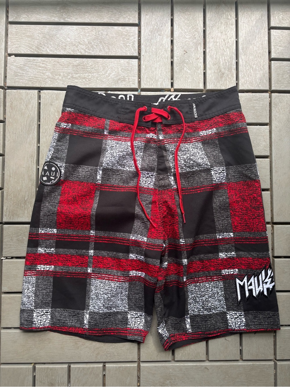 Maui and Sons Red Black Plaid Swim Board Shorts